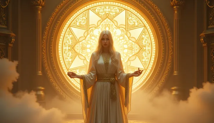 "Create an ULTRA REALISTIC image of a hermit woman in exquisite light satin robe with gold threads facing the screen with her face showing, holding a glowing lamp in one hand and a staff made of crystals in the other, in front of a large golden portal ador...