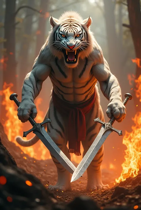 A white tiger with aggressive face standing in forest where fire spread alround and tiger having two big sward in her hand with full zoom 