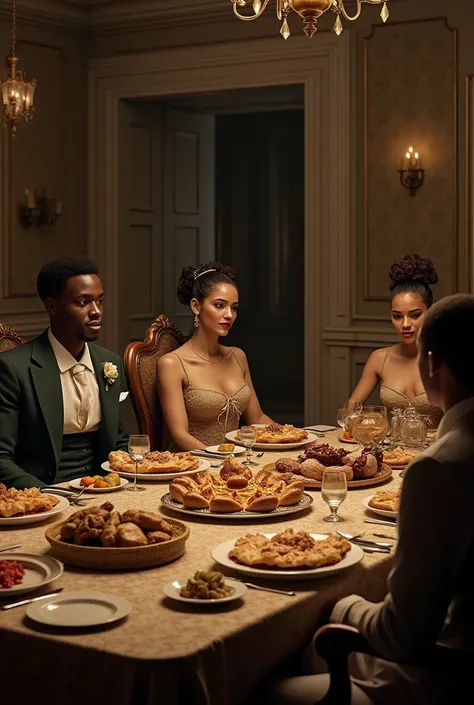 Give me an image of the Creole elite of colonial society with its gastronomy, May they all be white please, that the Creole culture is evident but the image does not look so current, that the image looks old 
