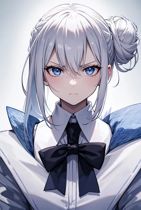 A 20 year old girl with white hair tied in a low bun, pale skin, cystal blue eyes, serious and calm face, wears formal attire.