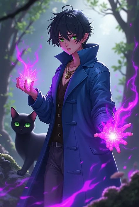 (black cat) (humanoid with blue coat) (Green Eye )(a necklace) (with purple power in his hands)(summer more anime)