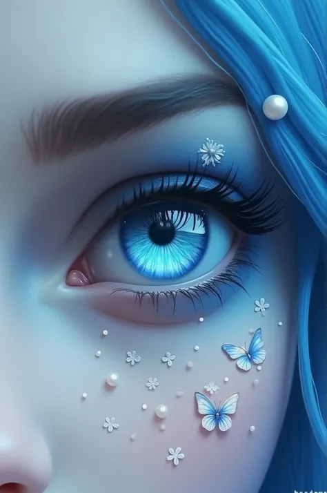 Eyes: Blue, glossy, and with a light blue kajal. The eyes should convey sadness and have a white reflection within them.
Eyebrows: Sharp and well-defined.
Eyelashes: Long and elegant.
Additional Elements: White blue butterflies in the end of eyes, and a sm...