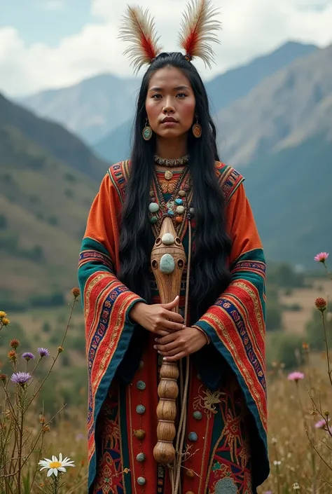 A mystical woman, the llakuza, standing in an Andean landscape with a stunning view of the mountains behind him. His skin is copper-colored and his eyes are deep and thoughtful.. Her long dark hair is intricately braided and falls over her shoulders.. He w...