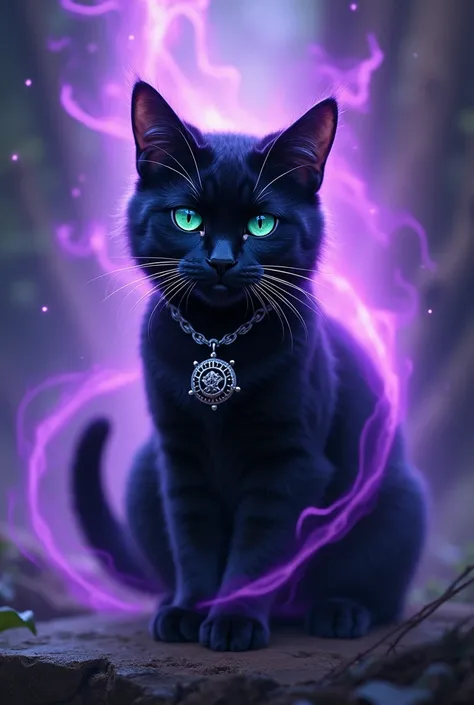 (black cat) ( blue coat) (Green Eye )(a necklace) (with purple power in his hands)