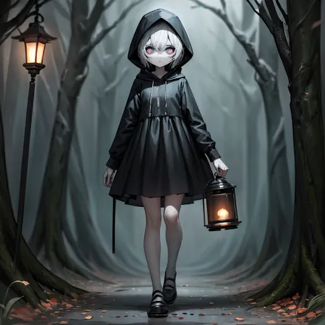 a mysterious character. Camera focused on the face of the person with big eyes and open eyes. wearing a black hood. walking in a dark landscape with a lantern on my hand