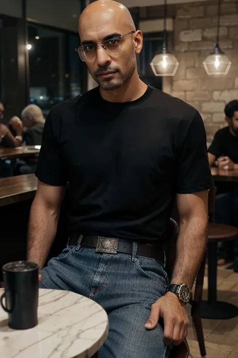 Tall bald arab man, 3, with light white hair, wearing model eyeglasses, black t-shirt, dark blue jeans and dark brown belt, sitting at table in cafe, night shot, wearing dark brown wide leather watch   