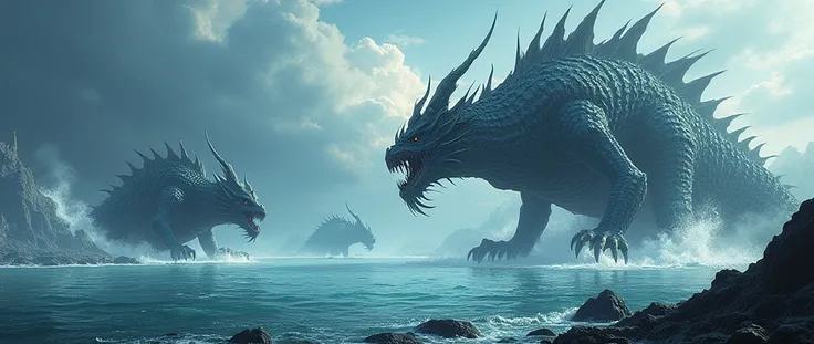 Beautifully detailed drawing, 8k , a giant sea lake appeared sea monsters, scary angry, long claw, nhiều con 