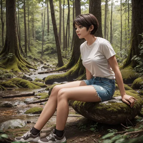 A beautiful young woman with short bob hair, wearing a thin cream T-shirt and shorts, sits on a rock with a desolate forest behind her.