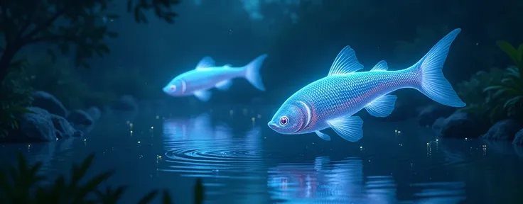 blue glowing fish underwater in the lake