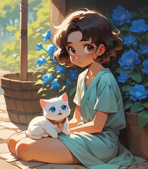 A little brown curly girl ate watermelon in the porch. She was sitting in front of her white cat and blue flowers next to her. With Hayao Miyazakis Hayao style, it has anime characters and illustrations. It has soft edges and soft colors, creating an atmos...