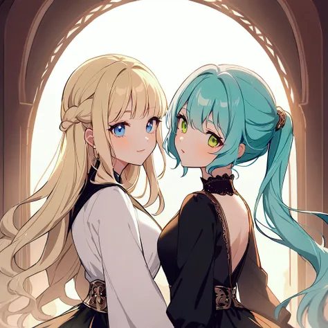   ,anime two woman ,  long turquoise hair .pony tail blue eyes, and woman، short blonde hair.green  eyes ابتسم, خلفية بسيطة, عمل رائع, دقيق, علم التشريح  أفضل جودة،     في المطبخ ،يصنعن الكيك والبسكويت