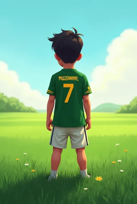 Pakistani boy standing in ground wearing shirt with number 7 and name on shirt should be Muzammil pic should be of back