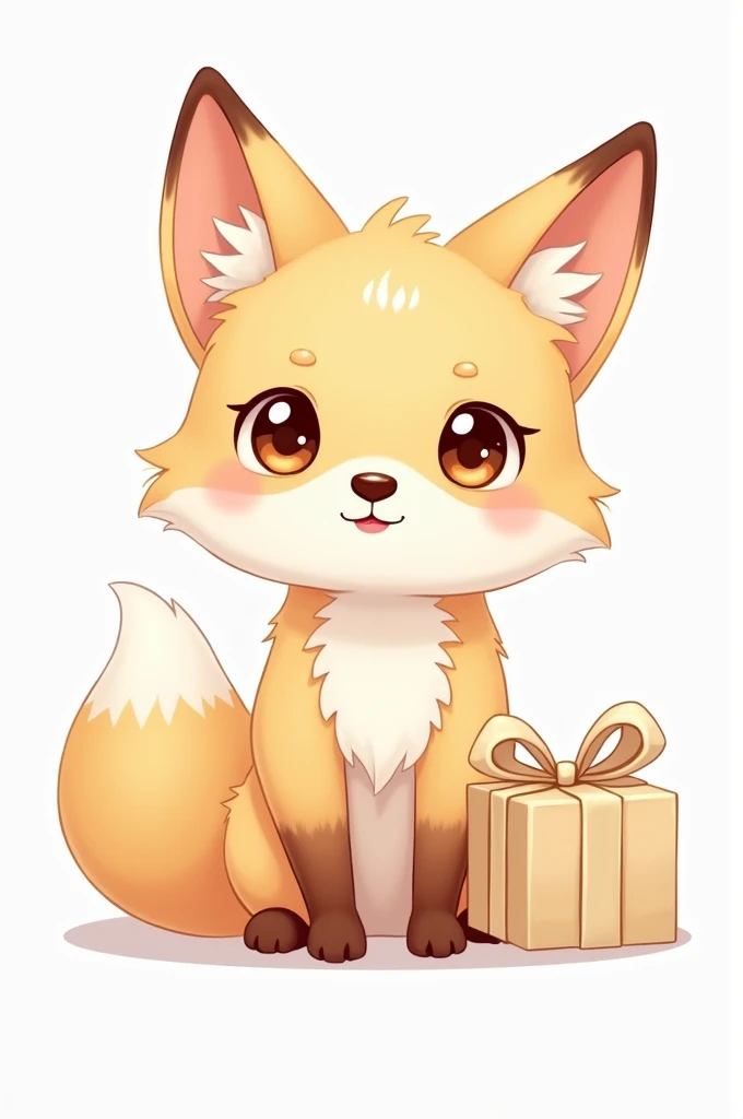 Create a cute fox sticker with a light-colored gift bow on its tail