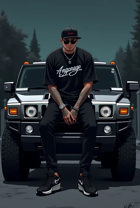 A man with a black snapback,black NFL jersey,black pants,black sneakers,sit on the hood,black hummer h2,Chrome rims,Angarage text on the hood,dark,Anime-Series,Manga-Film,Sunglasses,Angarage text on jersey,cemetery in the background ,Anime-Series,manga