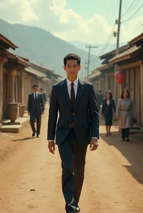 A young president with a confident air, dressed in political attire, arrives at a small, traditional village, with dirt streets and modest houses.
