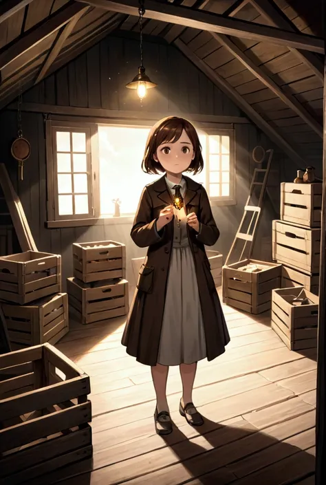 1. The Attic DiscoveryPrompt:
A dimly lit attic filled with old, dusty furniture, cobwebs, and wooden crates. The young girl (about , with brown hair and a curious expression) is seen standing at the center of the room. She looks at a small glowing key in ...