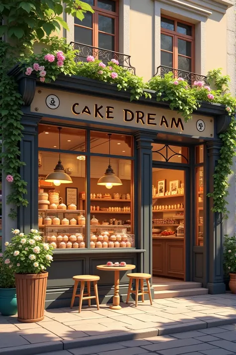 Cake shop in a small alley. Tables are in front of the door. Alvina&#39;s cake dream
