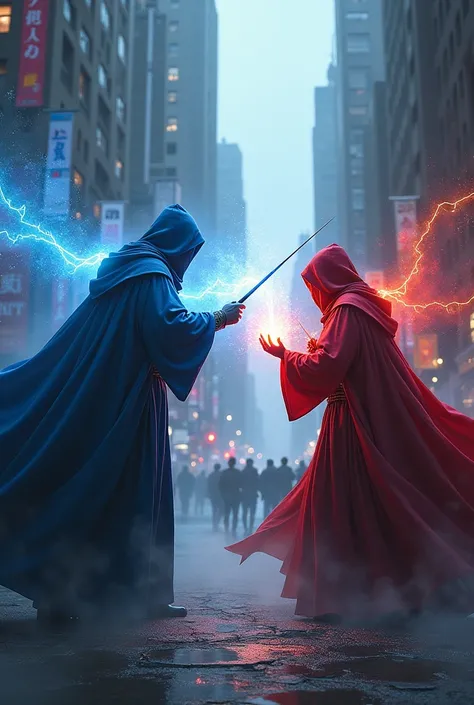 Two wizards are dueling in the city,One of them is wearing a blue hooded robe.,The other is wearing a red hooded robe.,The wands they wield emit blue and red magic.,This is a fight to the death,