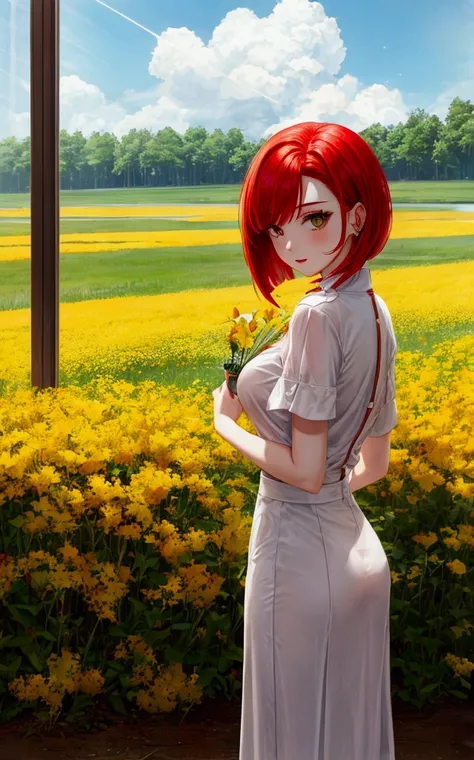 Beautiful girl with red bob hair、Glass Earth、Shooting Star、grassland、Yellow Flower