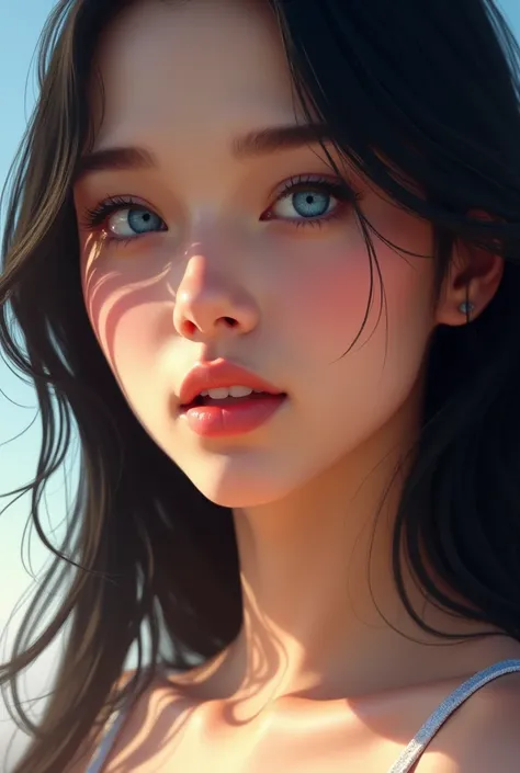 Realistic drawing AI, just from his face, bright, an extremely beautiful woman, with straight jet black hair, very blue eyes, small nose, soft and feminine features, rostro suave y bright 