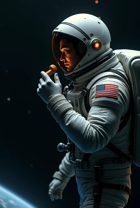 astronaut who detached himself from his ship trying to communicate with the ship using an intercom, with a patch on the shoulder of solarios station without the united states flag


