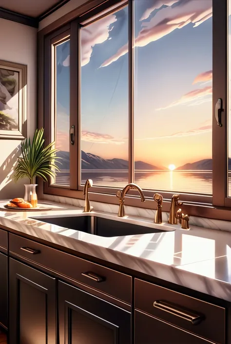 an American kitchen,  shiny white marble sink and golden stainless steel, Mahogany cabinets and smoked glass doors, in the background a large window overlooking a magnificent lake full of ducks, with the radiant sunset coming through the window, kitchen ha...