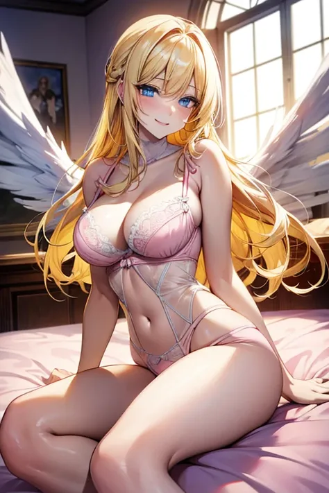 yellow hair, blue eyes, sexy, (white angel wings), large breasts, sexy, beautiful body, masterpiece, ((pink lingerie)), smile, bedroom