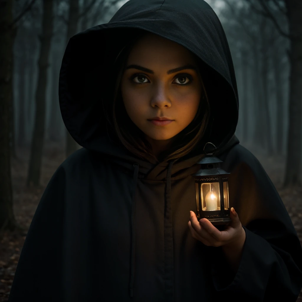 a mysterious character. camera focused on the face of the person with big eyes and open eyes. wearing a black hood. walking in a...