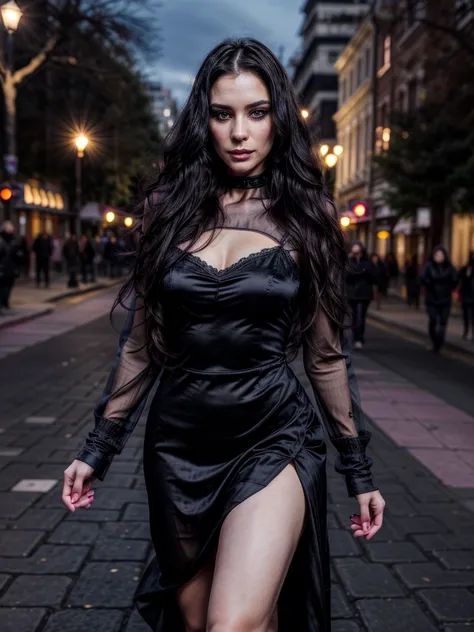 beautiful European 30-year-old woman, (confident look: 1.1), slim athletic body, long black wavy hair, realistic, highly detailed eyes , seductive pose , black eyeshadow, airy purple pink blue silk dress, walking, night city street , dark makeup, fashionab...