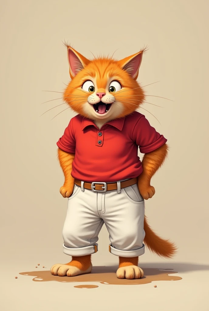 An orange cat wearing an red shirt and white pants poops his pants 