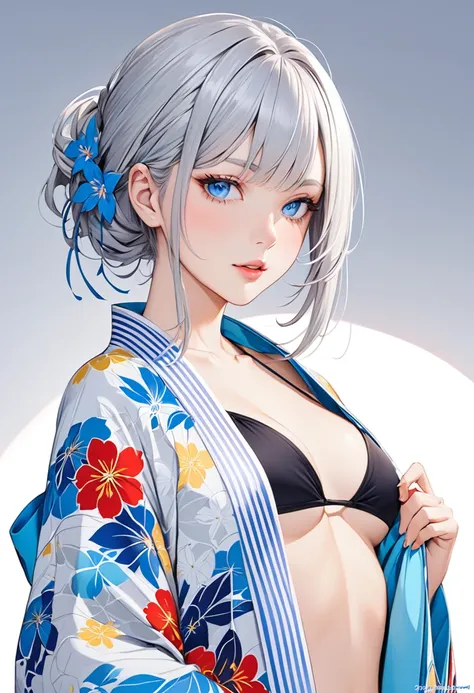 She wears a kimono but removes the top and wears a bikini. She has grey hair and blue eyes.