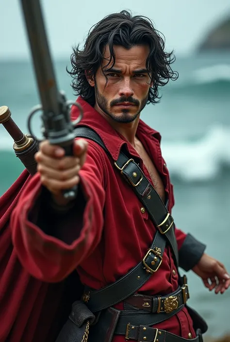 Pirate boy in red clothes , sword and gun with wavy hair and a small scar on his mouth adult