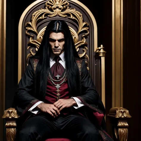 A Noble Vampire man with long black hair With inverted eyes in color and very strong sitting on a throne and with or without a suit