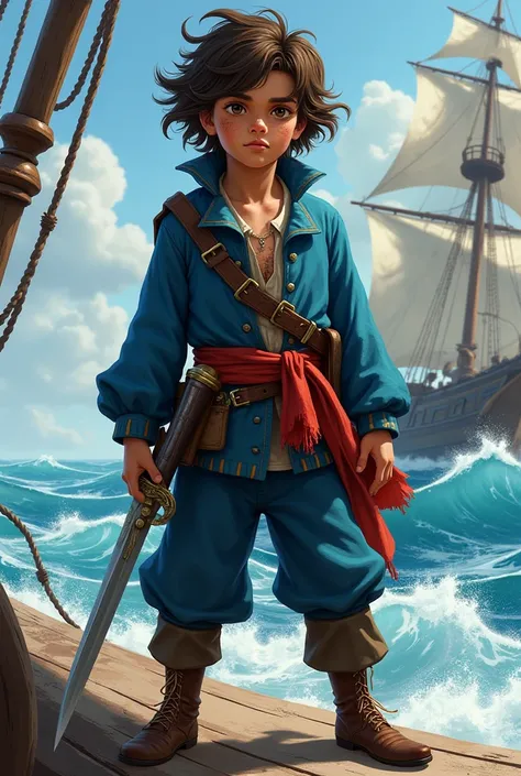 Pirate boy in blue clothes , sword and gun with wavy hair and a small scar on his mouth teenager