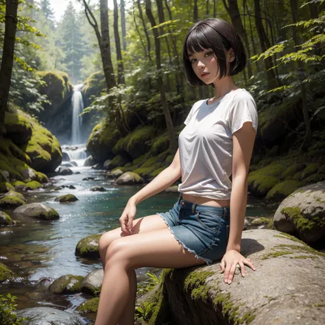 A beautiful young woman with short bob hair, wearing a thin cream T-shirt and shorts, sits on a rock with a magical forest in the background.