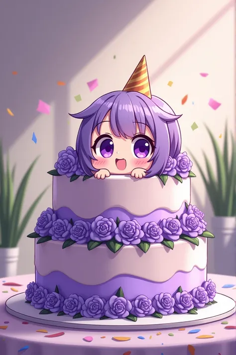 Happy birthday cake, Violet flowers,.cake, funny, custody,confetti, fiesta, chibi anime girl, office
