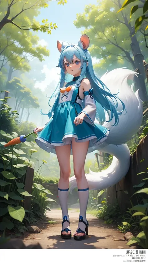 There is a small white rabbit with long ears with a carrot in his hands,  Chibichara　A cute girl with blue hair is also with me。It is a cute costume in white and blue。Dark eyes。cute forest creature, Cute mushrooms also grow、Adorable Digital Painting, cute ...