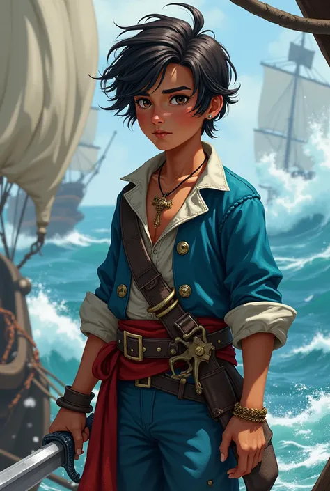 Pirate boy in blue clothes , sword and gun with wavy hair and a small scar on his mouth teenager