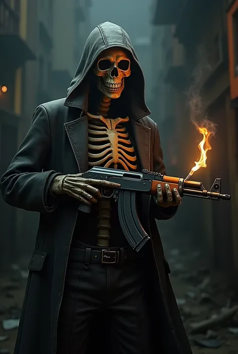 A bundle of Free fire game of a skeleton holding a 
sigar in its mouth and holding a AK-47 rifle in his one hand with a scary background 
