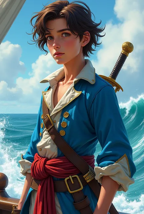 Pirate boy in blue clothes , sword and gun with wavy hair and a small scar on his mouth , teenage body