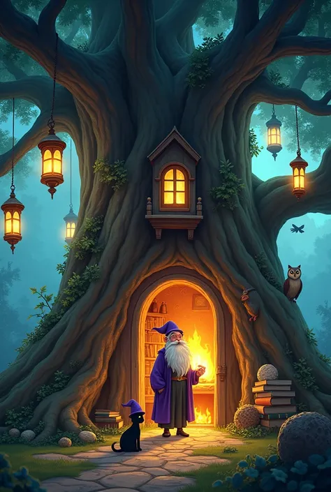 Crée une illustration pour "Chapitre 2 : Le Vieux Sage Magicien" montrant une maison enchantée nichée dans les racines massives d’un vieux chêne. La lumière des lanternes suspendues aux branches éclaire lentrée, tandis quune douce brume flotte dans lair, r...