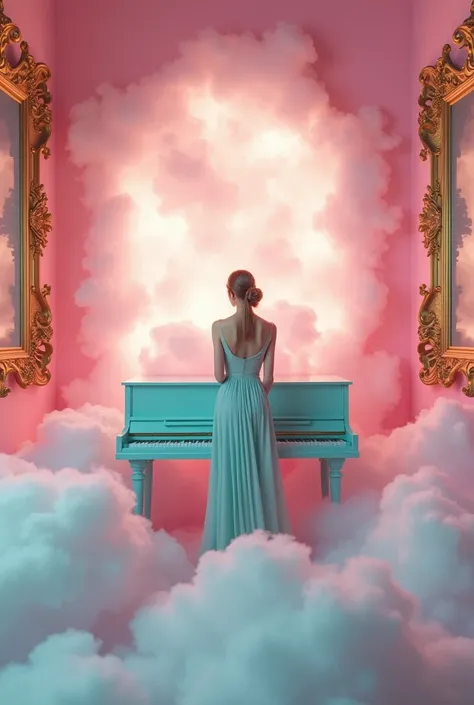 A pink cloud-filled room with gold frames, a blue-green piano in the middle of it, surrounded by soft clouds, a dreamy atmosphere, high-definition photography, in the style of Rococo, Rococo pastel colors, pink and aquamarine tones, and golden light.  A st...