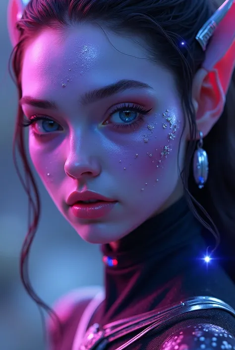 scifi and future face girl from avatar movie, 3d effect with purple color and neon color and give me width 1200 px  and height 720 px
