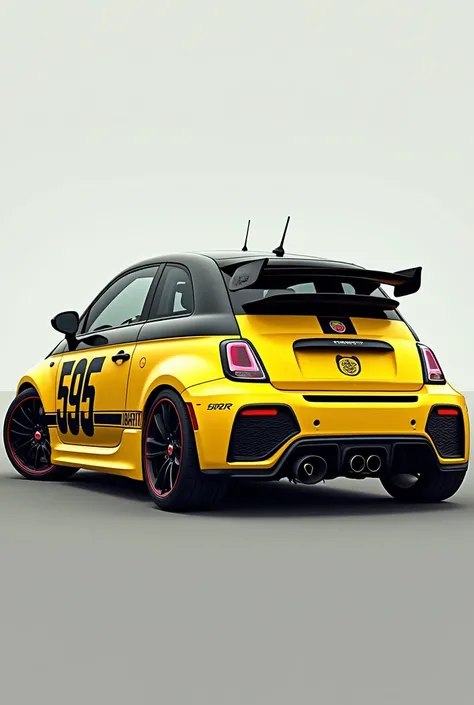 A PHOTO OF AN ABARTH 595 WITH A YELLOW VINYL THAT INCLUDES A SCORPION AND 595 That only shows the side of the car A larger photo so that the entire side is visible Another design and the numbers 595 can be seen