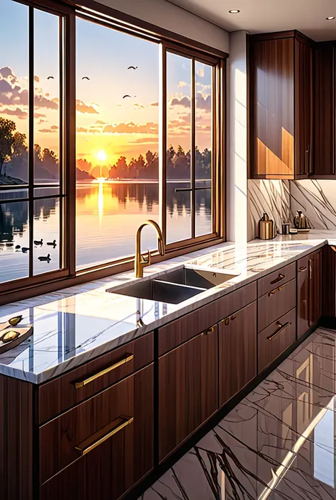 an american kitchen,  shiny white marble sink and golden stainless steel, mahogany cabinets and smoked glass doors, in the backg...