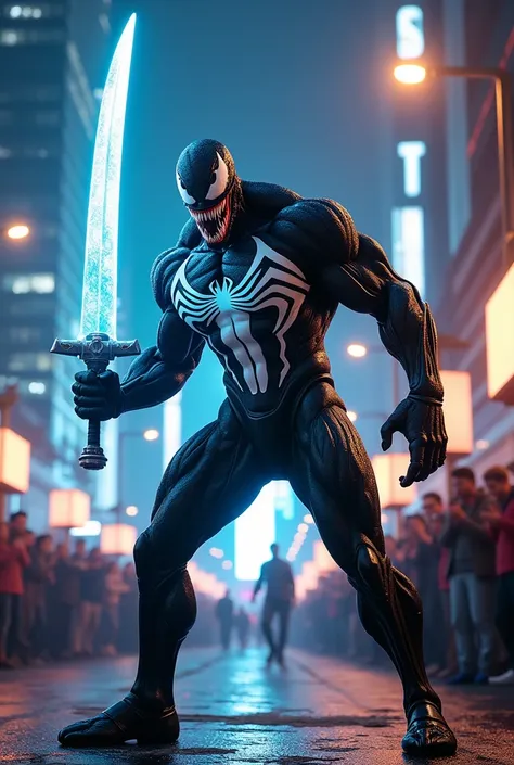 Venom, holding glowing blue sword, crowd of people looking venom they are chiring and hapoy celebtating in the background, urban setting, lively atmosphere, powerful stance, looking forward. Onlookers in casual attire stand nearby, while the background fea...