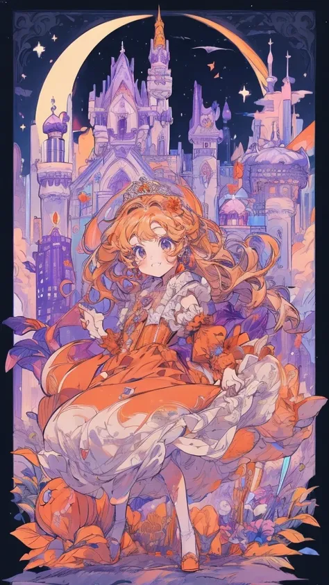 (One princess、One prince:1.5)、Orange long dress、Ball、city、firework、流れstar、Night Sky、star、moon、Lots of flowers、(smile)