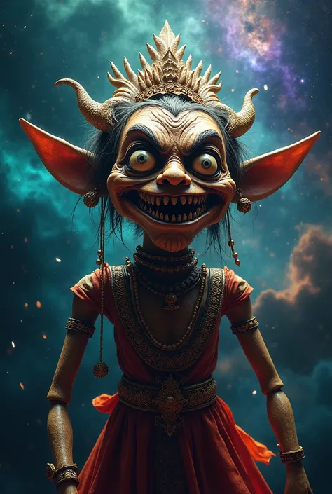 Traditional Javanese puppet with scary face, galaxy background 