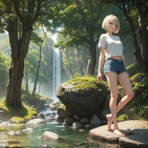 A beautiful young woman with short bob hair, wearing a thin cream-colored T-shirt and shorts, stands on a rock, her body turned sideways, facing forward, with a mysterious magical forest behind her.