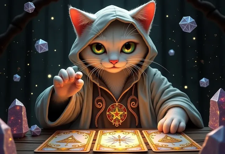 kitten,Mystical white Cat Fortune Teller Reading Tarot Cards. This cat is wearing a mage&#39;s robe,Surrounded by power stones,Tarot cards floating in the air